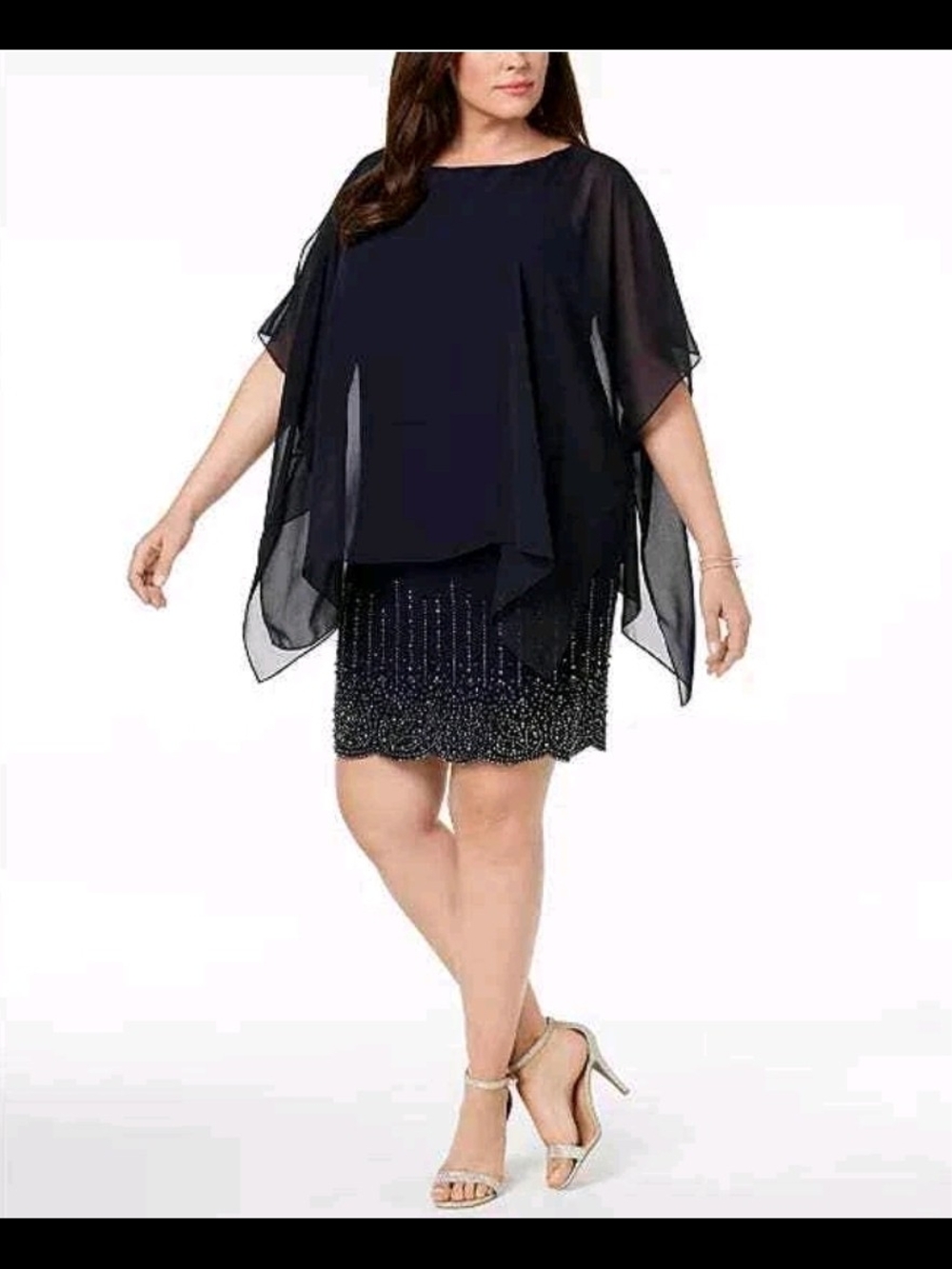 Xscape Navy Beaded Mini Skirt with Sheer Overlay